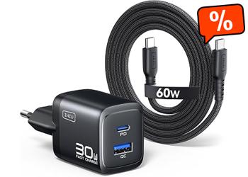 INIU USB C Charger, 30W 1-Pack PD GaN Fast Charging Charger and Cable 60W