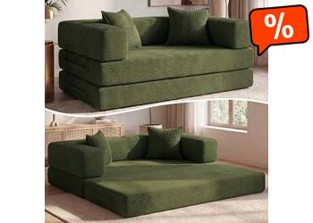 Vipbear Corduroy Sofa Bed 200×100×70 cm, 5-in-1 Transformable Floor Sofa, High Density Foam, Pet Friendly and Ergonomic, No Assembly, Green